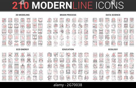 Data science education technology, eco energy, 3d modeling icon vector illustration set. Red black thin line website collection of future scientific innovation in ecology protection, tech equipment Stock Vector