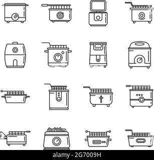 Cook deep fryer icons set outline vector. Electric bake food Stock Vector
