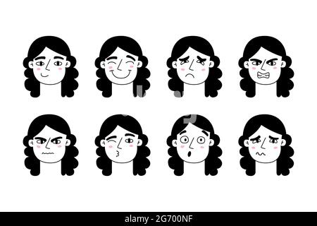 Different facial expressions of cute girl sticker set Stock Vector ...