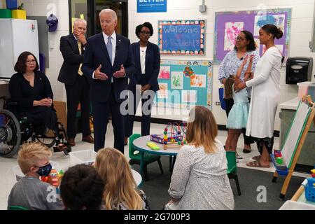Crystal Lake, United States. 07th July, 2021. Standing among politicians, child-care workers, working parents, and children, President Joe Biden tours the Children's Learning Center at McHenry County College on Wednesday, July 7, 2021 in Crystal Lake, Illinois. (Photo by Stacey Wescott/Chicago Tribune/TNS/Sipa USA) Credit: Sipa USA/Alamy Live News Stock Photo