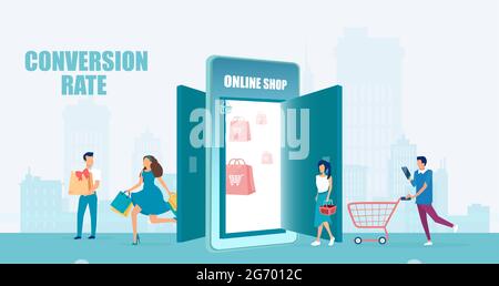 Vector of an increasing customer base people shopping online via smartphone app Stock Vector