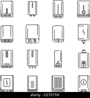 Power bank charger icons set outline vector. Alternative battery Stock Vector