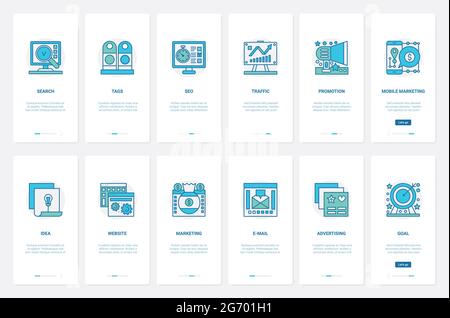 Seo, tag, web traffic internet promotion for business projects, online marketing technology vector illustration. UX, UI onboarding mobile app page screen set with line advertising website ideas Stock Vector