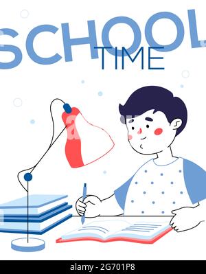 Time for school - colorful line design style illustration with cartoon character on white background. Boy doing homework at home at his desk. Diligent Stock Vector
