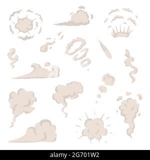 Vector smoke set special effects template. Cartoon steam clouds, puff, mist, fog, watery vapour or dust explosion. Stock Vector
