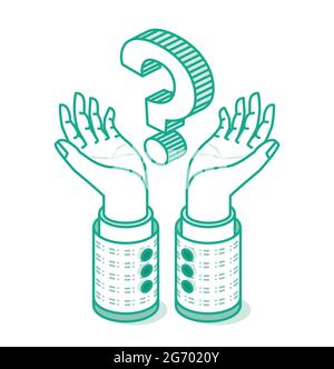 Isometric Hands Hold Big Question Mark. Outline FAQ Concept Isolated on White. Vector Illustration. Stock Vector