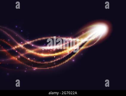 Abstract energy shining lines, glowing light effect vector illustration. Bright shine of swirl flying, magic glow waves and glitter particle, vibrant curve power twirl on dark transparent background Stock Vector