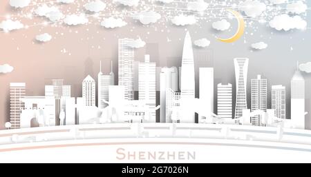 Shenzhen China City Skyline in Paper Cut Style with White Buildings, Moon and Neon Garland. Vector Illustration. Travel and Tourism Concept. Shenzhen Stock Vector