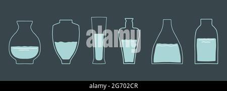 Various glass vases. Various shapes. Hand drawn vector set. Fashionable illustration. Stock Vector