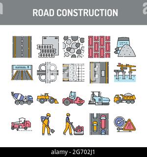 Road construction line icons set. Isolated vector element. Outline pictograms for web page, mobile app, promo. Editable stroke. Stock Vector