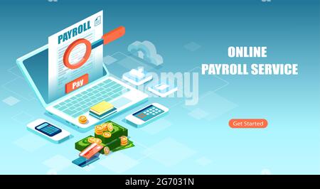 Payroll, salary payment, financial calculator using internet software concept Stock Vector