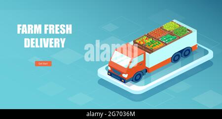 Vector of a truck delivering fresh vegetables via online app Stock Vector