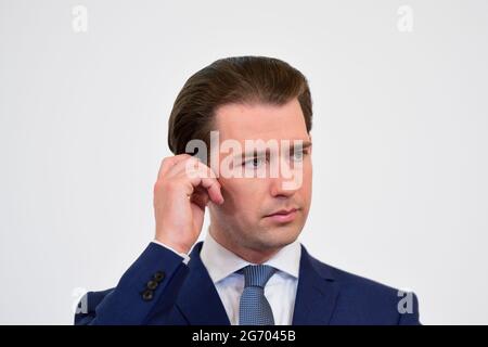 Vienna, Austria. 9th July, 2021.  Media-public appointment of the Federal Government in the Federal Chancellery on July 9th, 2021. Topic: Corona Taskforce to prepare for autumn. Picture shows Chancellor Sebastian Kurz. Stock Photo