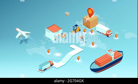 Vector of a cargo delivery, logistics transportation and worldwide shipping concept Stock Vector
