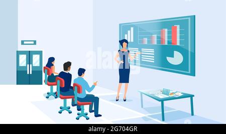 Vector of a businesswoman coach presenting charts and financial reports to employees at a seminar or a conference. Stock Vector
