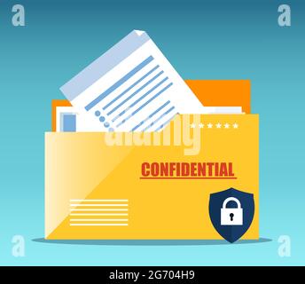 Vector of a yellow folder with confidential documents. Data protection concept Stock Vector