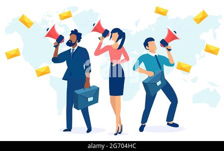 Vector of a PR team businessmen and a businesswoman making an announcement Stock Vector