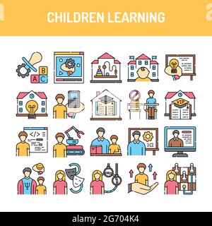 Children learning line icons set. Isolated vector element. Outline pictograms for web page, mobile app, promo. Editable stroke. Stock Vector