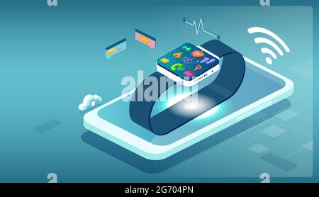 Vector of a smartphone with wearable device smart watch on top of it Stock Vector