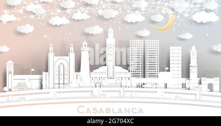 Casablanca Morocco City Skyline in Paper Cut Style with White Buildings, Moon and Neon Garland. Vector Illustration. Travel and Tourism Concept. Stock Vector