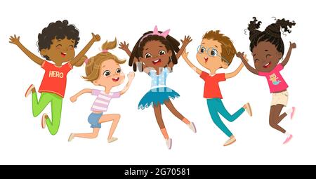 Multicultural boys and girls play together, happily jumping and dancing fun against the background. Children are having fun. Colorful cartoon Stock Vector