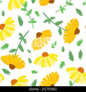 Rudbeckia garden flower seamless pattern, black-eyed susan vector simple repeat ornament in orange, yellow and green colors, botanical image for textile, banner background, autumn decor Stock Vector