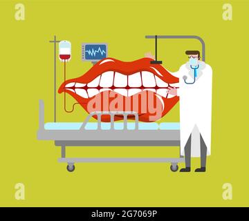 Mouth treatment and doctor.. large Mouth rests on medical bed. Stock Vector