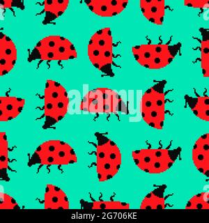 Ladybug pixel art pattern seamless. 8 bit Red small bug background. beetle vector texture Stock Vector