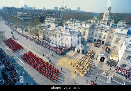 The State Funeral of Queen Elizabeth The Queen Mother passes through Horse Guards Parade on to Whitehall as the courtage heads towards Westminister Abbey Stock Photo