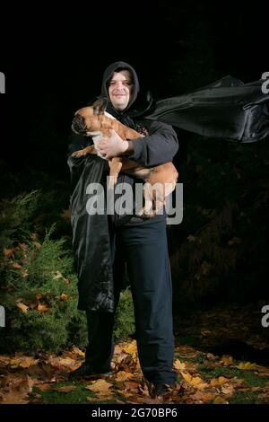 Portrait of a man in a Dracula costume with a French bulldog dog in his hands. The dog is orange, like a pumpkin. Humor. Stock Photo