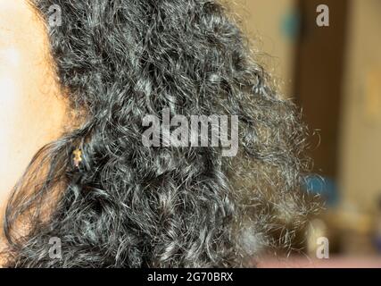 Closeup Image Of Indian Woman's Curly Black Hair. Selective Focus Stock Photo