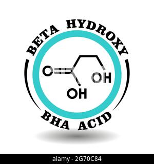 Circle vector icon Beta Hydroxy Acid with chemical formula of BHA symbol for packaging signs of exfoliant scrub cosmetics, tags of skin peelable produ Stock Vector