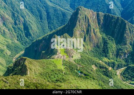 Aerial view of Machu Picchu ruins from Machu Picchu mountain, Peru Stock Photo