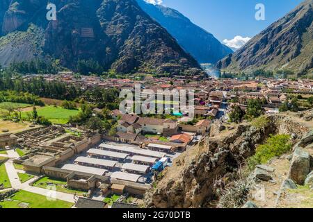 Aerial view of Ollantaytambo, Sacred Valley of Incas, Peru Stock Photo