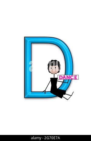 The letter D, in the alphabet set 'Dance Kids' is outlined in black.  Child sits or stands holding a sign that says Dance. Stock Photo