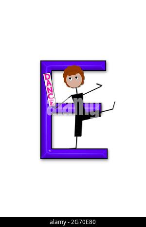 The letter E, in the alphabet set 'Dance Kids' is outlined in black.  Child sits or stands holding a sign that says Dance. Stock Photo