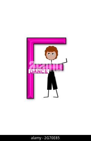 The letter F, in the alphabet set 'Dance Kids' is outlined in black.  Child sits or stands holding a sign that says Dance. Stock Photo