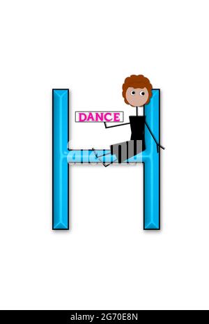 The letter H, in the alphabet set 'Dance Kids' is outlined in black.  Child sits or stands holding a sign that says Dance. Stock Photo