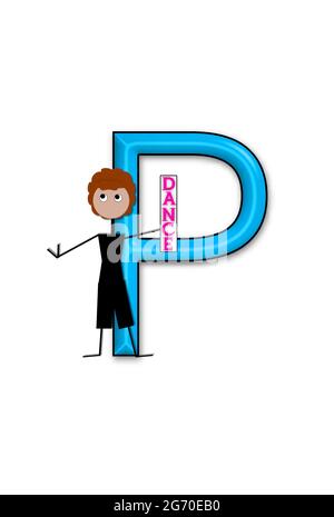 The letter P, in the alphabet set 'Dance Kids' is outlined in black.  Child sits or stands holding a sign that says Dance. Stock Photo