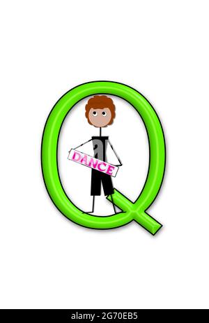 The letter Q, in the alphabet set 'Dance Kids' is outlined in black.  Child sits or stands holding a sign that says Dance. Stock Photo