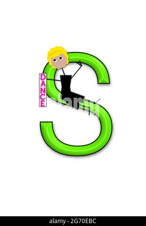 The letter S, in the alphabet set 'Dance Kids' is outlined in black.  Child sits or stands holding a sign that says Dance. Stock Photo