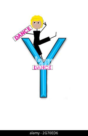 The letter Y, in the alphabet set 'Dance Kids' is outlined in black.  Child sits or stands holding a sign that says Dance. Stock Photo