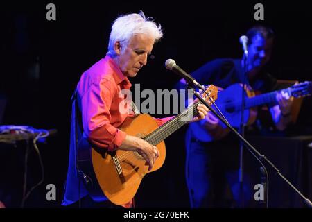 Malaga, Spain. 09th July, 2021. Spanish musician Kiko Veneno performs live on stage during the Terral festival 2021 at Cervantes Theatre. Between 5 to 31 July, Cervantes Theatre welcomes the summer music festival 'Terral', with concerts and shows performed by renowned artists as Noa, Ainhoa Arteta, or Salvador Sobral among others. All concerts will perform under safety measures and capacity limited as precaution against Covid19. (Photo by Jesus Merida/SOPA Images/Sipa USA) Credit: Sipa USA/Alamy Live News Stock Photo