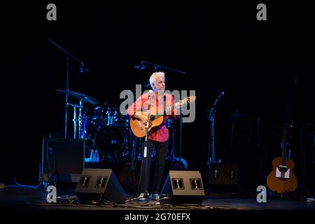 Malaga, Spain. 09th July, 2021. Spanish musician Kiko Veneno performs live on stage during the Terral festival 2021 at Cervantes Theatre. Between 5 to 31 July, Cervantes Theatre welcomes the summer music festival 'Terral', with concerts and shows performed by renowned artists as Noa, Ainhoa Arteta, or Salvador Sobral among others. All concerts will perform under safety measures and capacity limited as precaution against Covid19. (Photo by Jesus Merida/SOPA Images/Sipa USA) Credit: Sipa USA/Alamy Live News Stock Photo