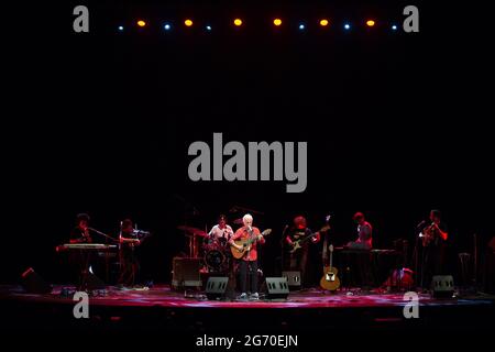 Malaga, Spain. 09th July, 2021. Spanish musician Kiko Veneno performs live on stage during the Terral festival 2021 at Cervantes Theatre. Between 5 to 31 July, Cervantes Theatre welcomes the summer music festival 'Terral', with concerts and shows performed by renowned artists as Noa, Ainhoa Arteta, or Salvador Sobral among others. All concerts will perform under safety measures and capacity limited as precaution against Covid19. (Photo by Jesus Merida/SOPA Images/Sipa USA) Credit: Sipa USA/Alamy Live News Stock Photo