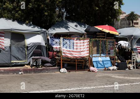 Los Angeles, CA USA - Julyl 3, 2021: Homeless vets living in tents outside the Veterans Administration Stock Photo