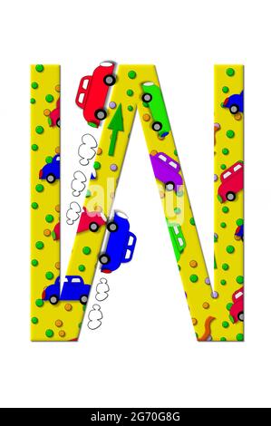 The letter W, in the alphabet set 'Automobile Sputter' is decorated inside and out with cars driving and exhaust fumes. Stock Photo