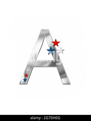 The letter A, in the alphabet set 'Plain Patriotism' is silver metalic.  Three stars decorate letter with red, white and blue.  Letters coordinate wit Stock Photo