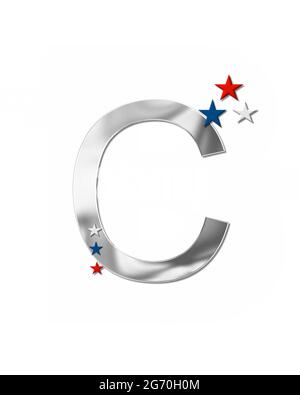 The letter C, in the alphabet set 'Plain Patriotism' is silver metalic.  Three stars decorate letter with red, white and blue.  Letters coordinate wit Stock Photo