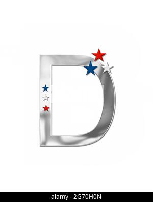 The letter D, in the alphabet set 'Plain Patriotism' is silver metalic.  Three stars decorate letter with red, white and blue.  Letters coordinate wit Stock Photo